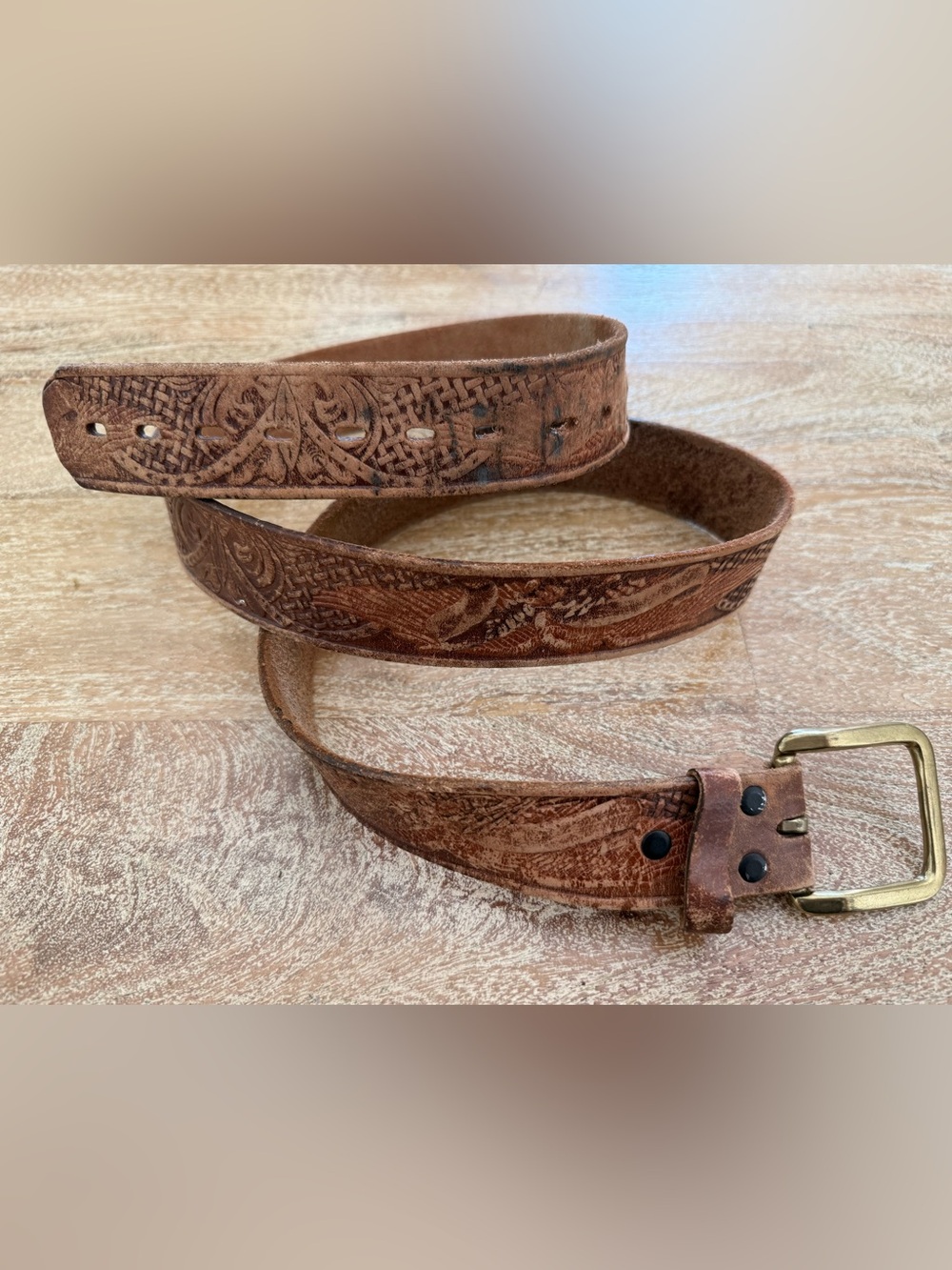 Western style leather belt Vintage embossed bald Eagle & Oak Leaf design